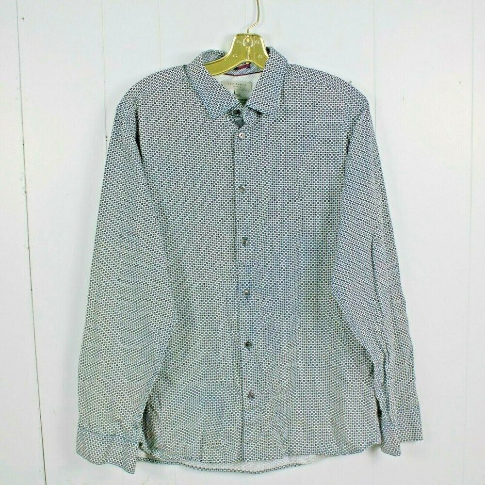 Ted Baker Button Down Shirt Mens Size 5 US XL Blue Geometric Print Long Sleeved - Picture 2 of 4